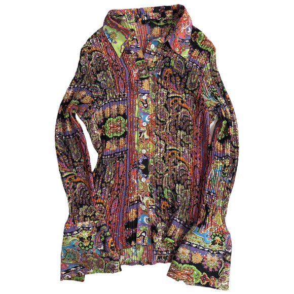 Y2K LE CAVIAR women's bright multi colour abstract pattern flare cuff blouse, XL - Picture 7 of 9